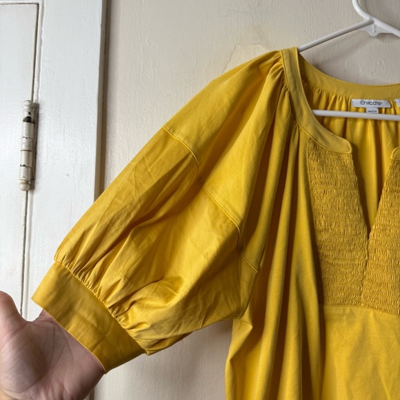 Chicos Yellow V-neck Smocked Puff Short Sleeve Blouse 1 - Picture 2 of 6